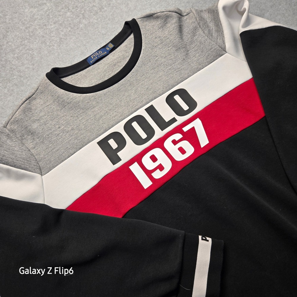 Polo Ralph Lauren Mens Colorblock Sweatshirt POLO 1967 Graphic Black Grey XL